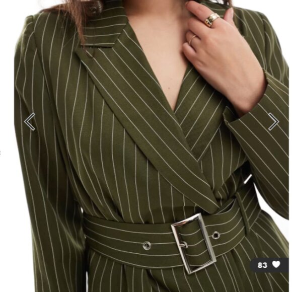 Extro & Vert Belted Mini Blazer Dress (Green with Khaki Stripes) - NWT - Picture 4 of 7